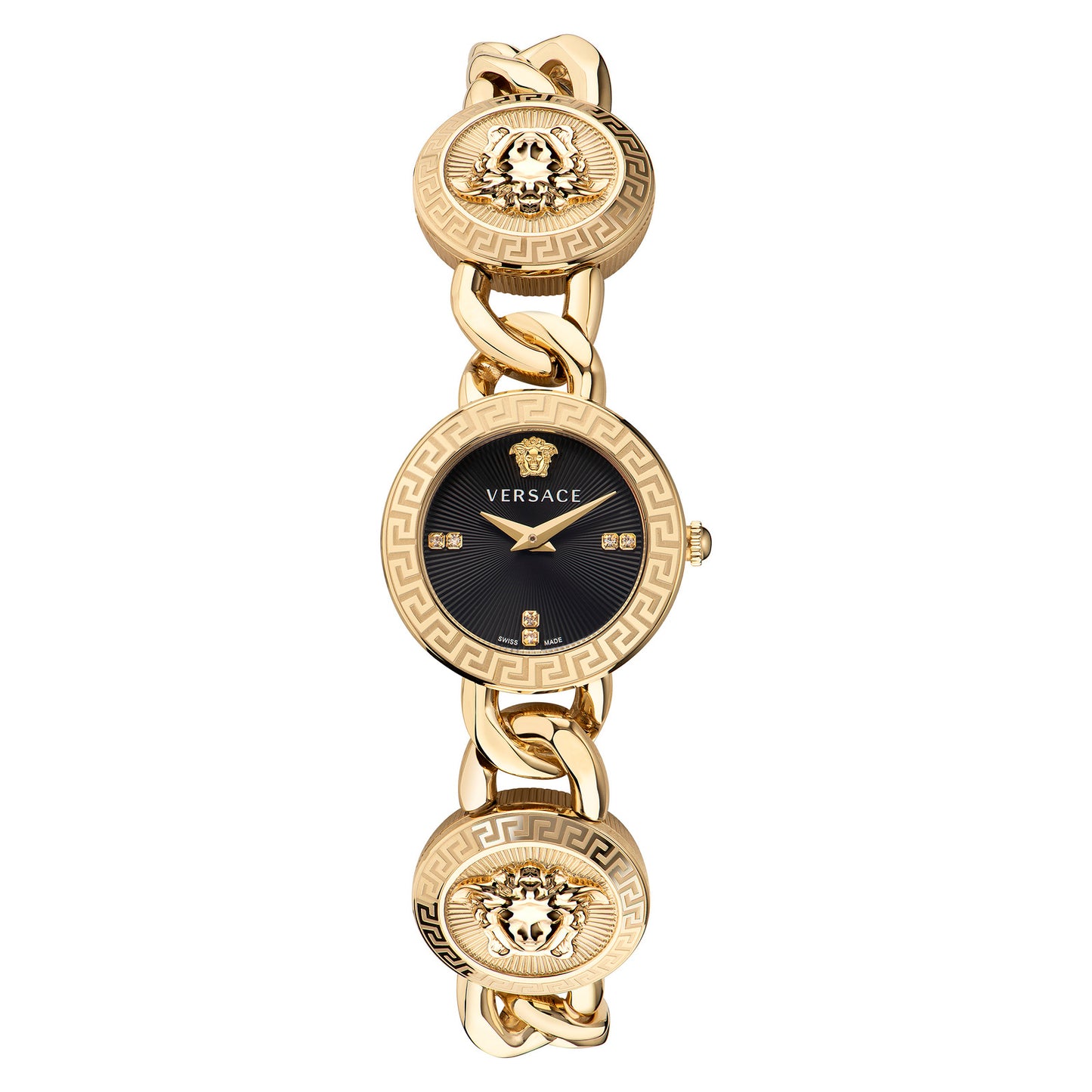 Versace VE3C00422 watch for women with a black dial and stainless steel strap.