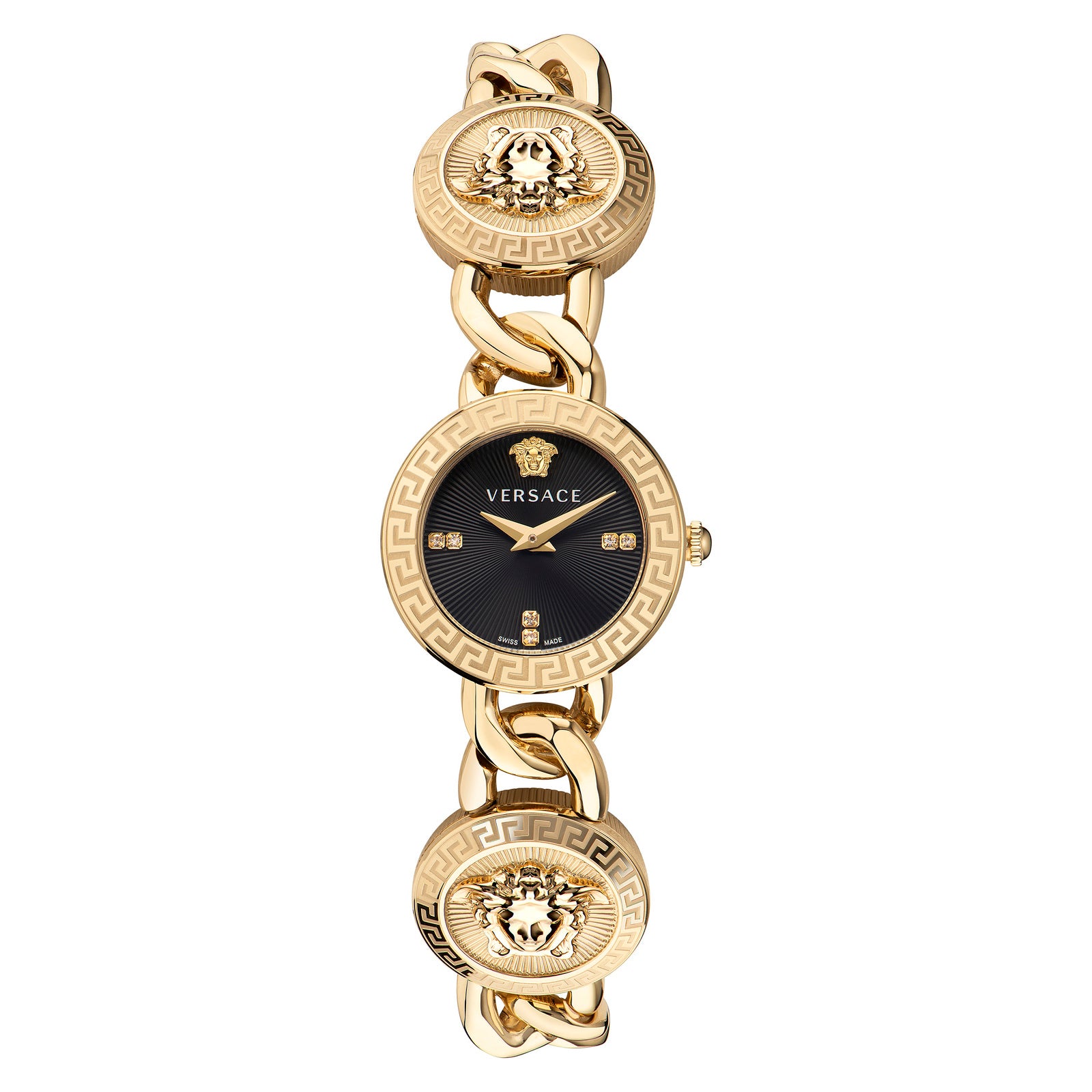 Versace VE3C00422 watch for women with a black dial and stainless steel strap.