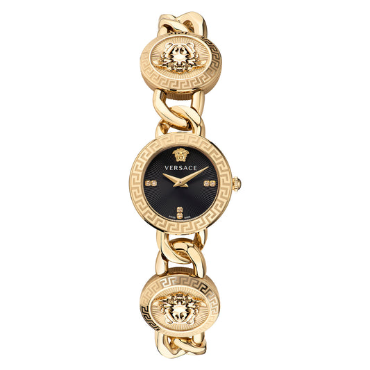 Versace VE3C00422 watch for women with a black dial and stainless steel strap.
