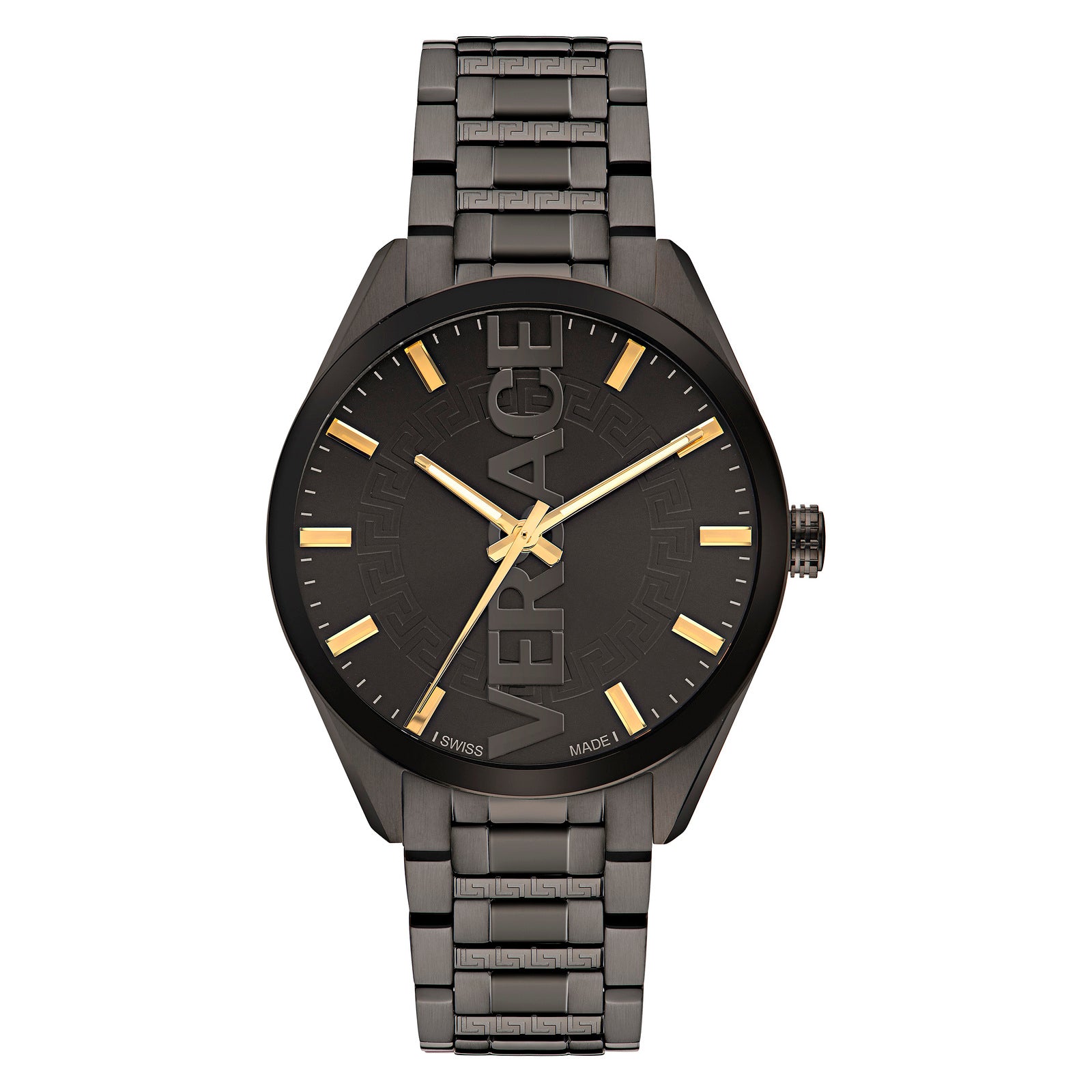 Versace VE3H00522 watch for man with a black dial and stainless steel strap.