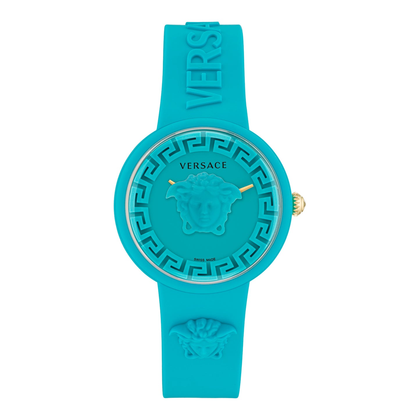 Versace VE6G00423 watch for women with a blue dial and silicone strap.