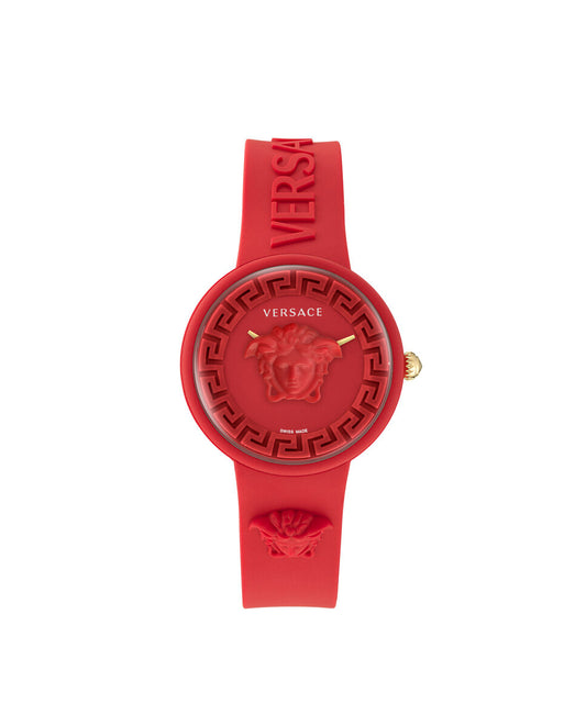 Versace VE6G00723 watch for women with a red dial and silicone strap.