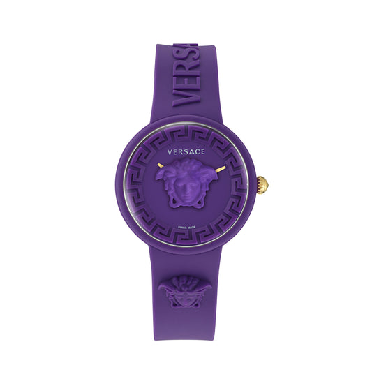 Versace VE6G00823 watch for women with a purple dial and silicone strap.