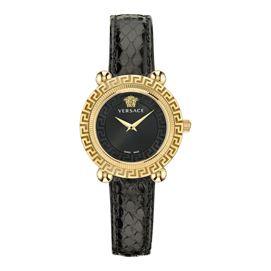 Versace VE6I00323 watch for women with a black dial and fur strap.