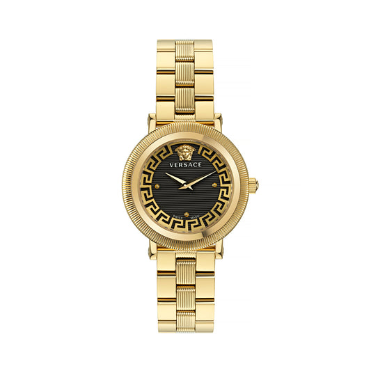 Versace VE7F00623 watch for women with a black dial and stainless steel strap.