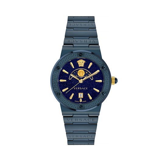Versace VE7G00423 watch for man with a blue dial and stainless steel strap.