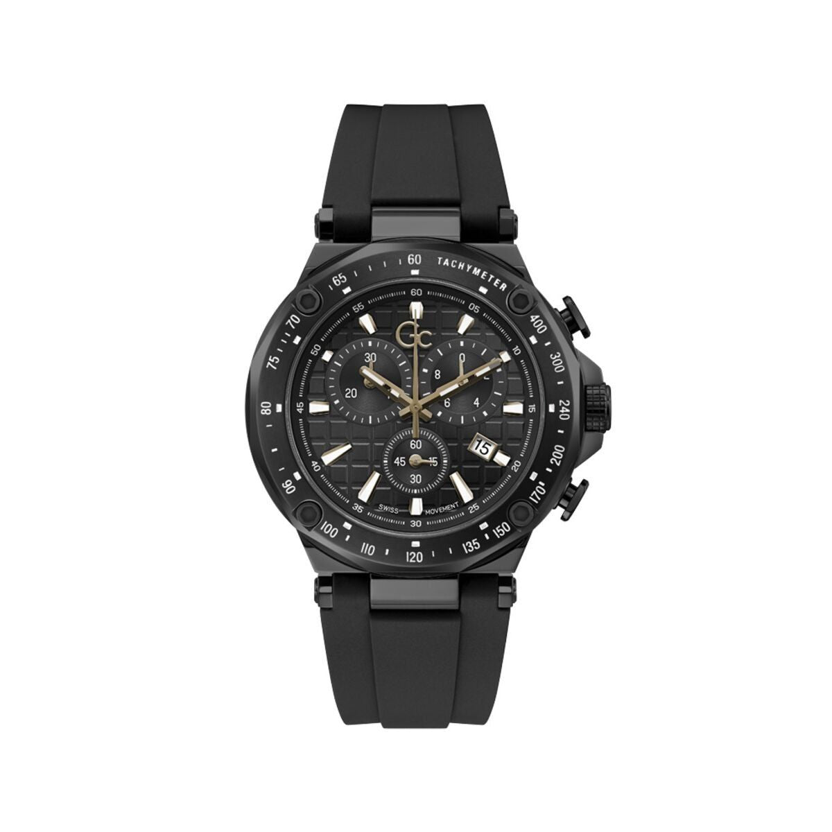 Gc Y81008G2MF watch for man with a black dial and silicone strap.